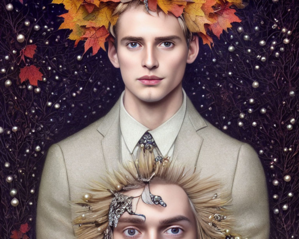 Autumn-themed person with crown and mirror image featuring butterfly and branches.