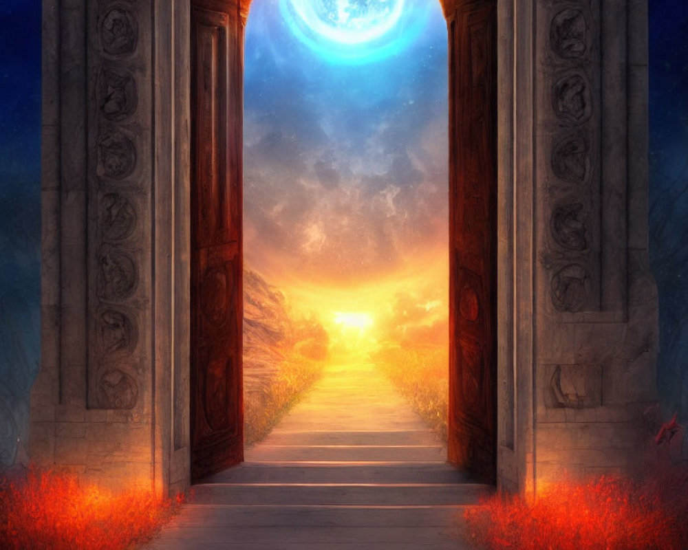 Ornate Stone Doorway Leading to Mystical Moonlit Pathway