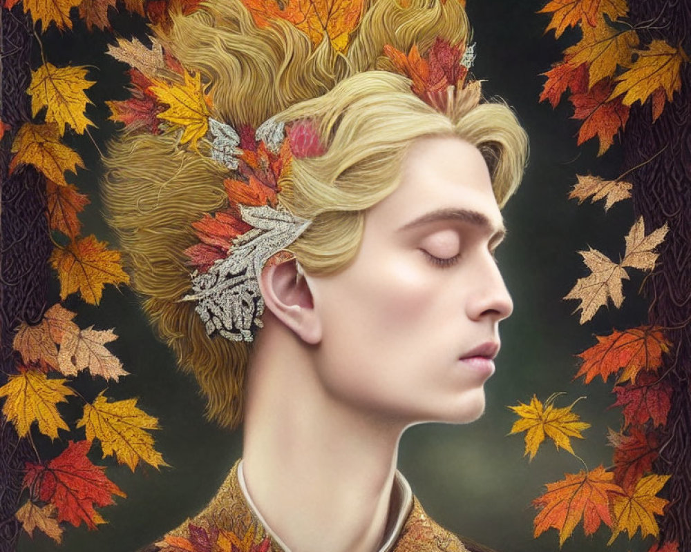 Profile Portrait with Autumn Leaves in Hair on Dark Background