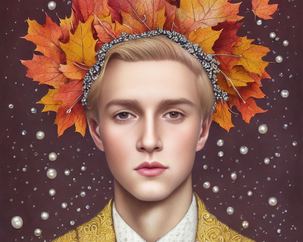 Neutral expression person with autumn leaves crown on maroon background
