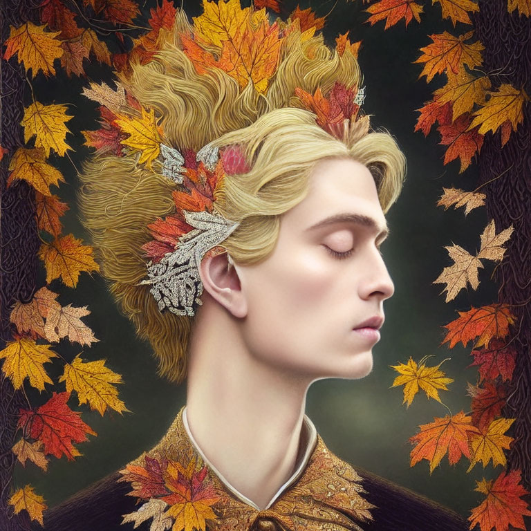 Profile Portrait with Autumn Leaves in Hair on Dark Background