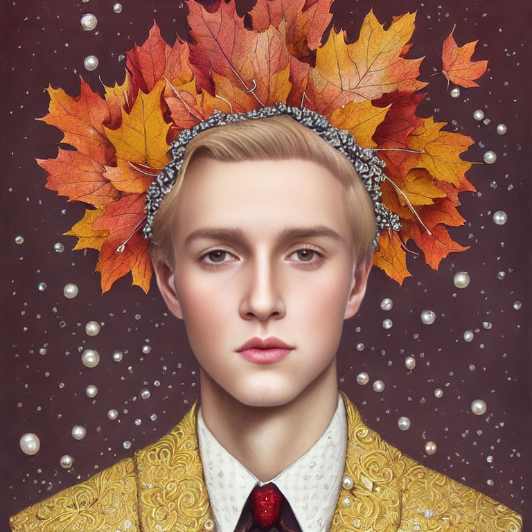Neutral expression person with autumn leaves crown on maroon background
