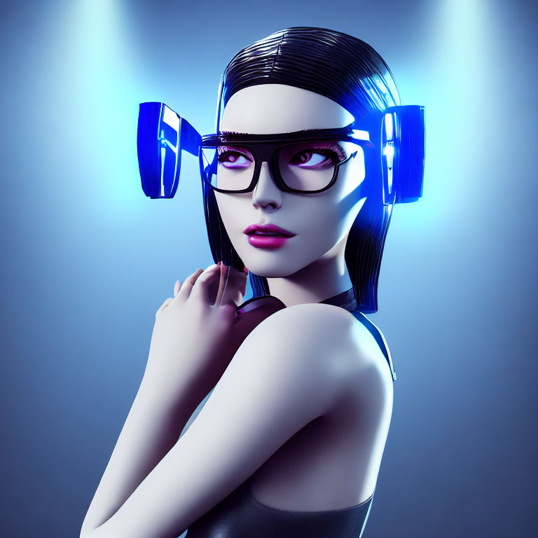 Futuristic woman in cyber fashion with 3D glasses and headphones