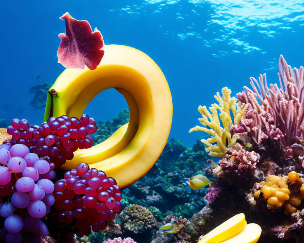 Colorful Underwater Scene with Corals, Float, and Grapes