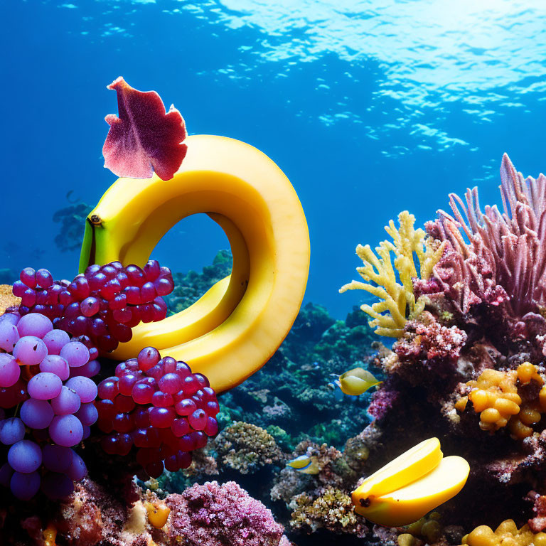 Colorful Underwater Scene with Corals, Float, and Grapes