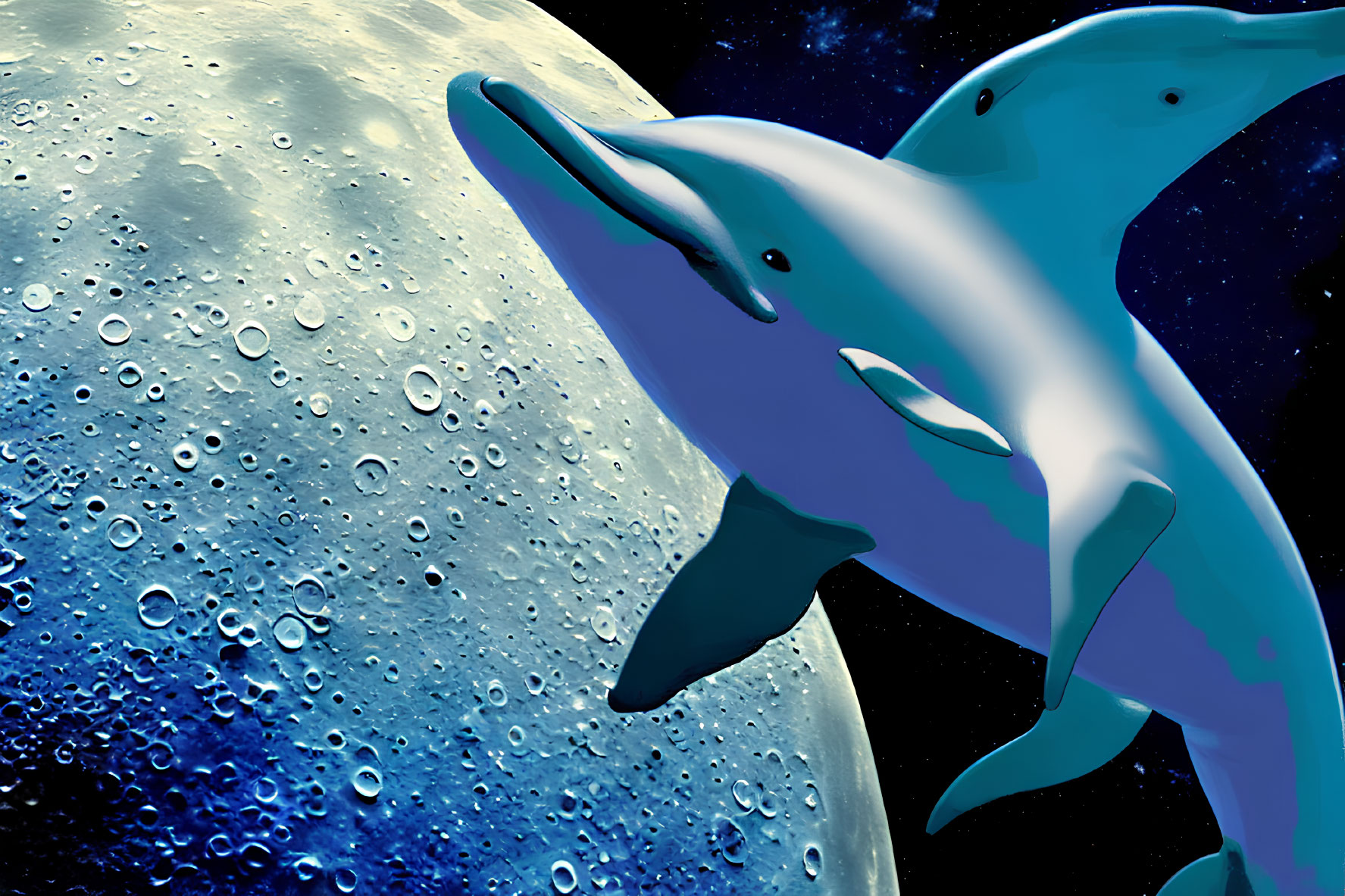 Surreal image: Dolphins on cosmic moon background