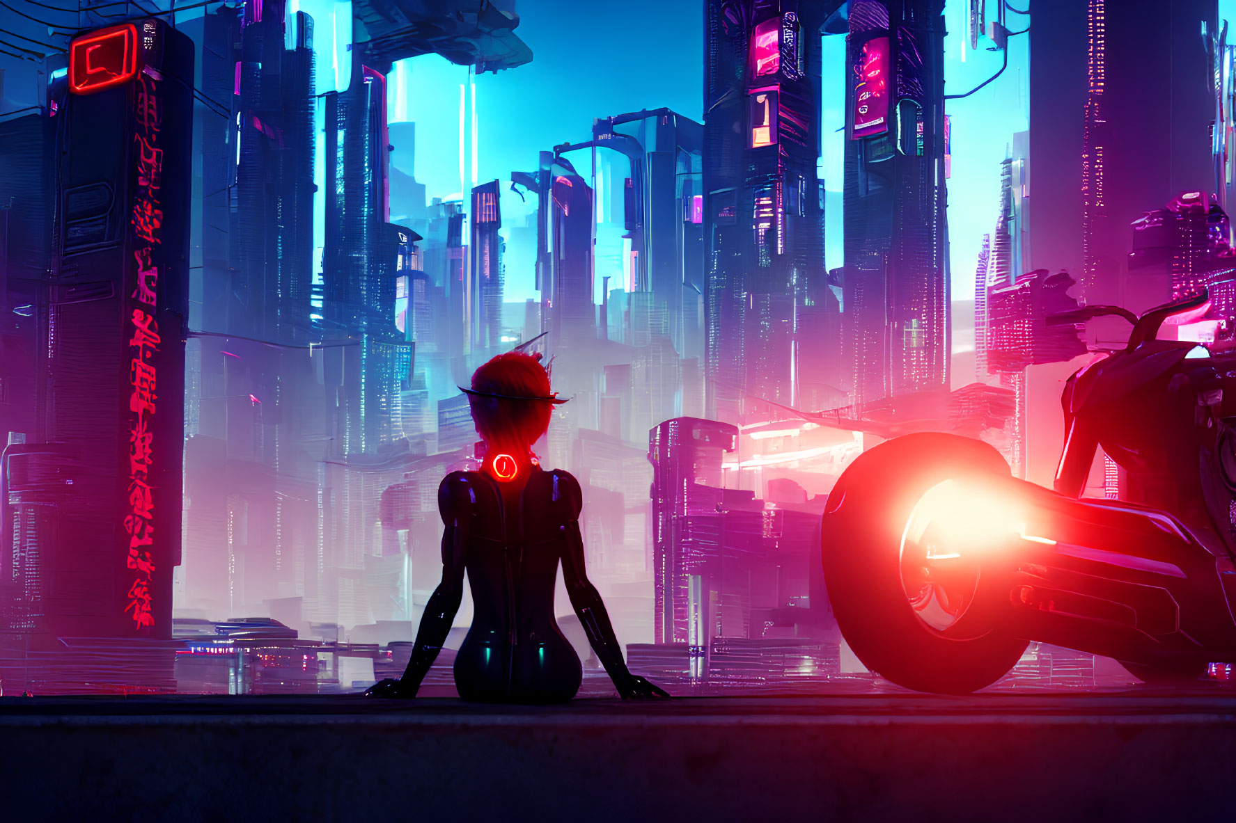 Futuristic person in suit with helmet in neon-lit cyberpunk cityscape