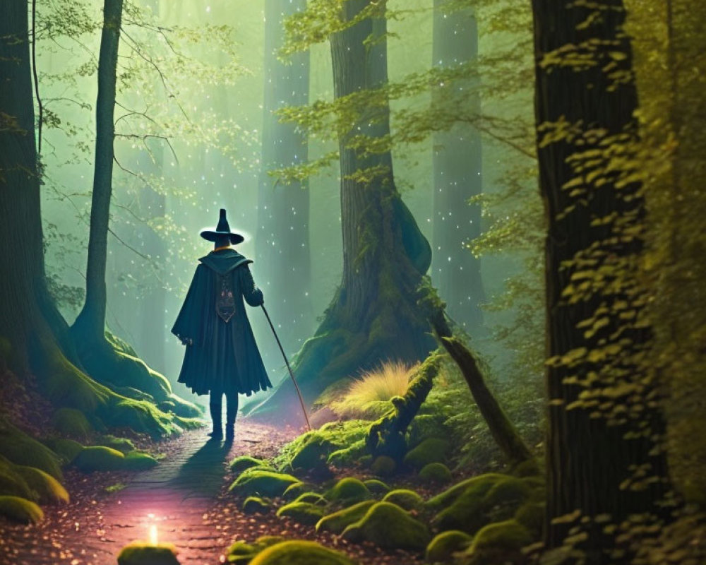 Mystical figure in cloak and hat walking through enchanted forest path