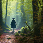 Mystical figure in cloak and hat walking through enchanted forest path