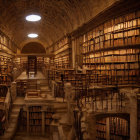Dimly Lit Ornate Library with Wooden Bookshelves and Reading Table
