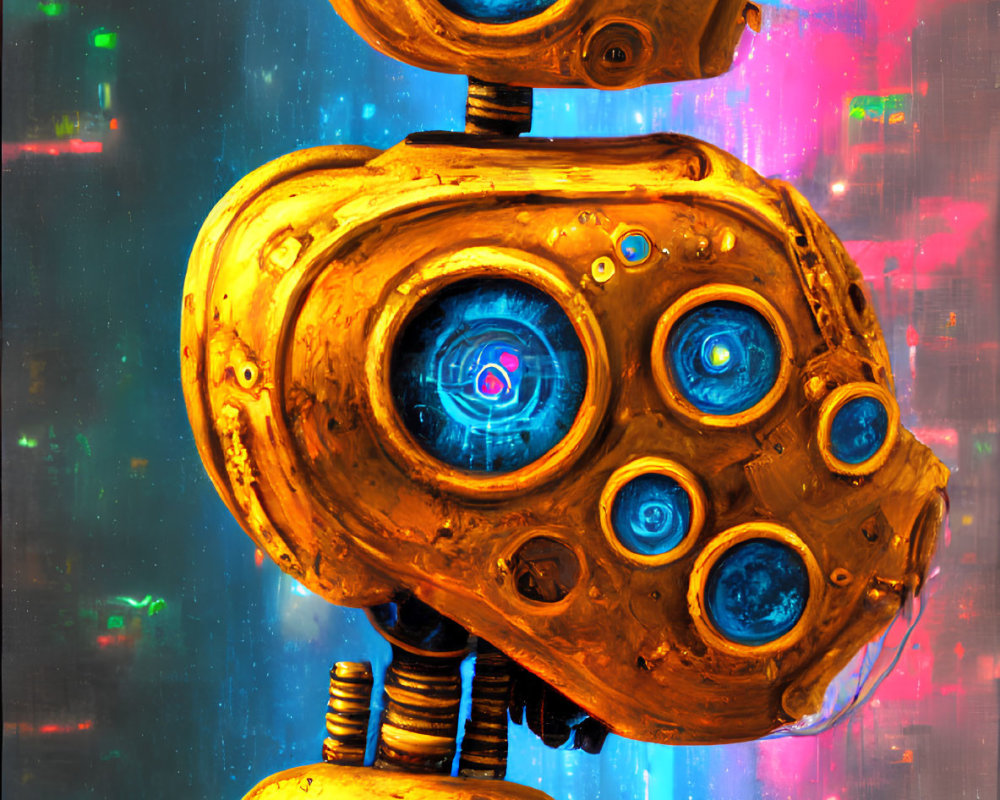 Colorful Abstract Art: Golden Robot with Blue Optical Sensors