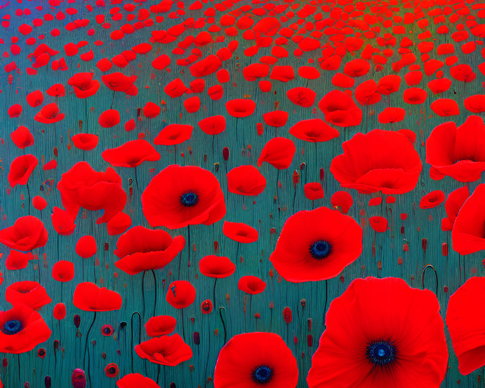 Vibrant red poppies in surreal blue and red background