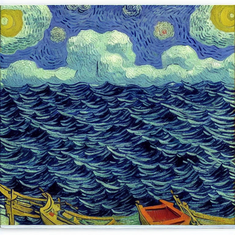 Starry Night Sky Painting with Swirling Clouds and Turbulent Sea