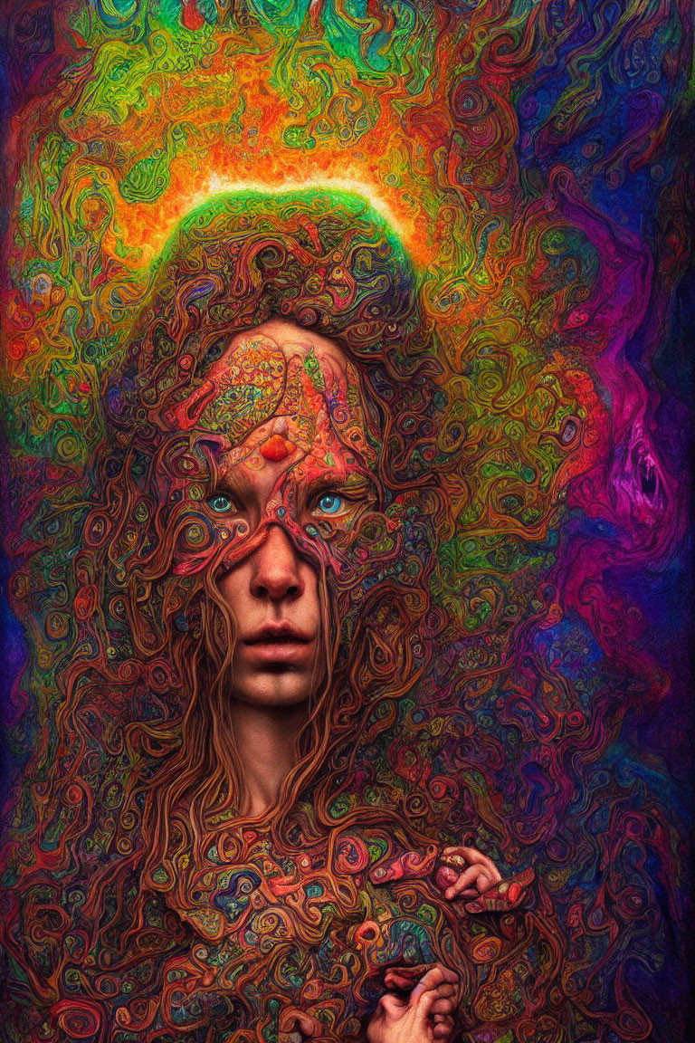 Colorful Psychedelic Portrait with Swirling Patterns and Intense Gaze