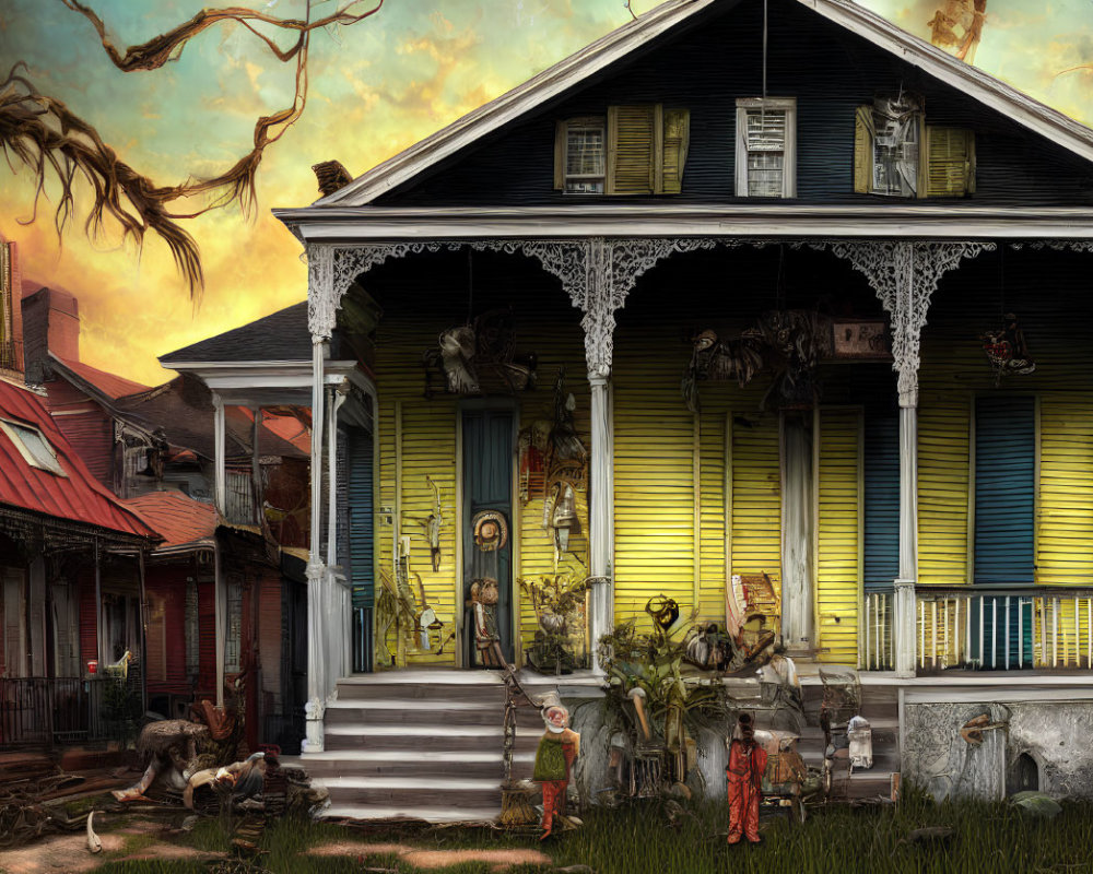 Eerie surreal scene: old house, metalwork, dolls, dilapidated neighborhood, menacing sky