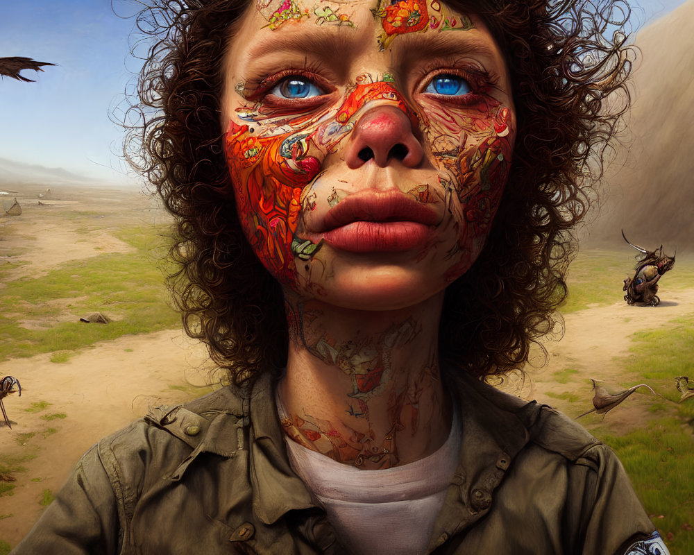 Intricately painted face resembling a map in desolate landscape