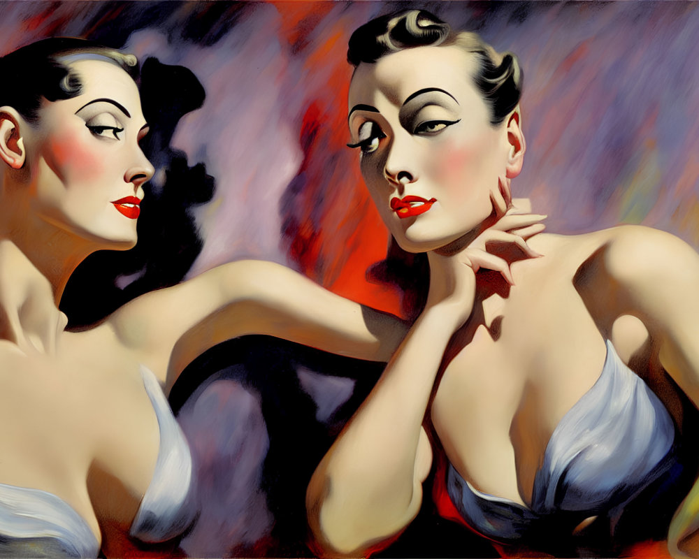 Dual reflection painting of a woman with vibrant red lips and arched brows