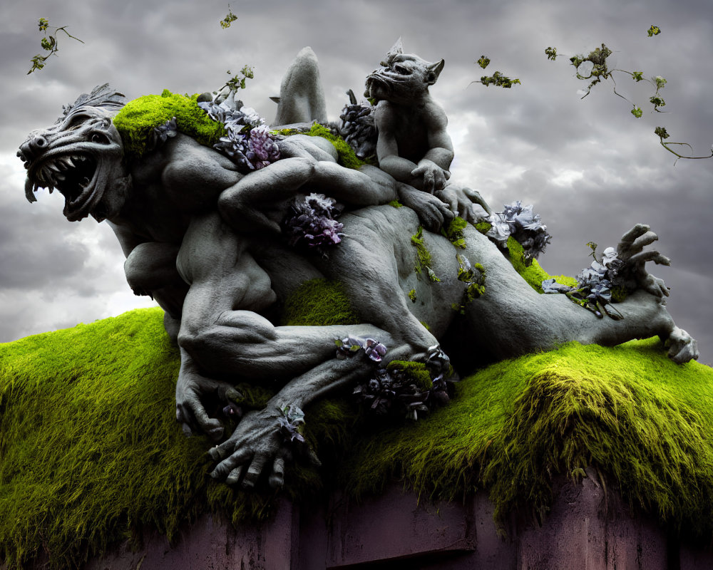 Mythical creature sculptures entwined on mossy ledge