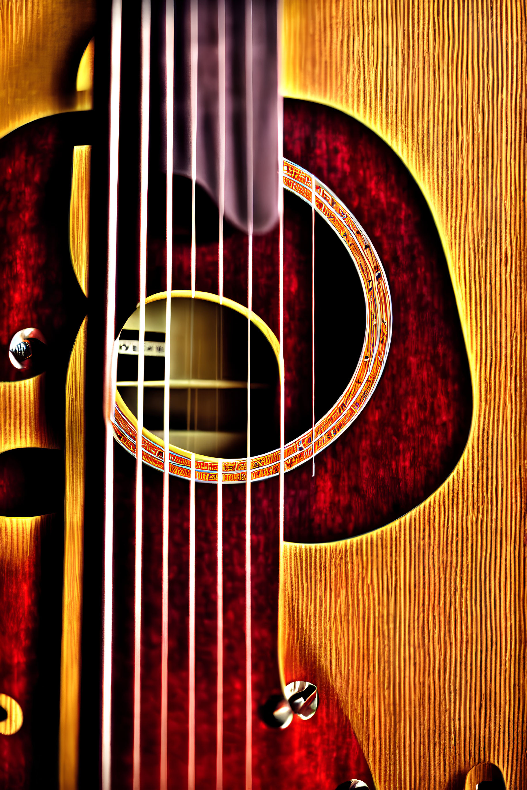 Detailed view of wooden acoustic guitar strings, sound hole, and body in warm golden hue