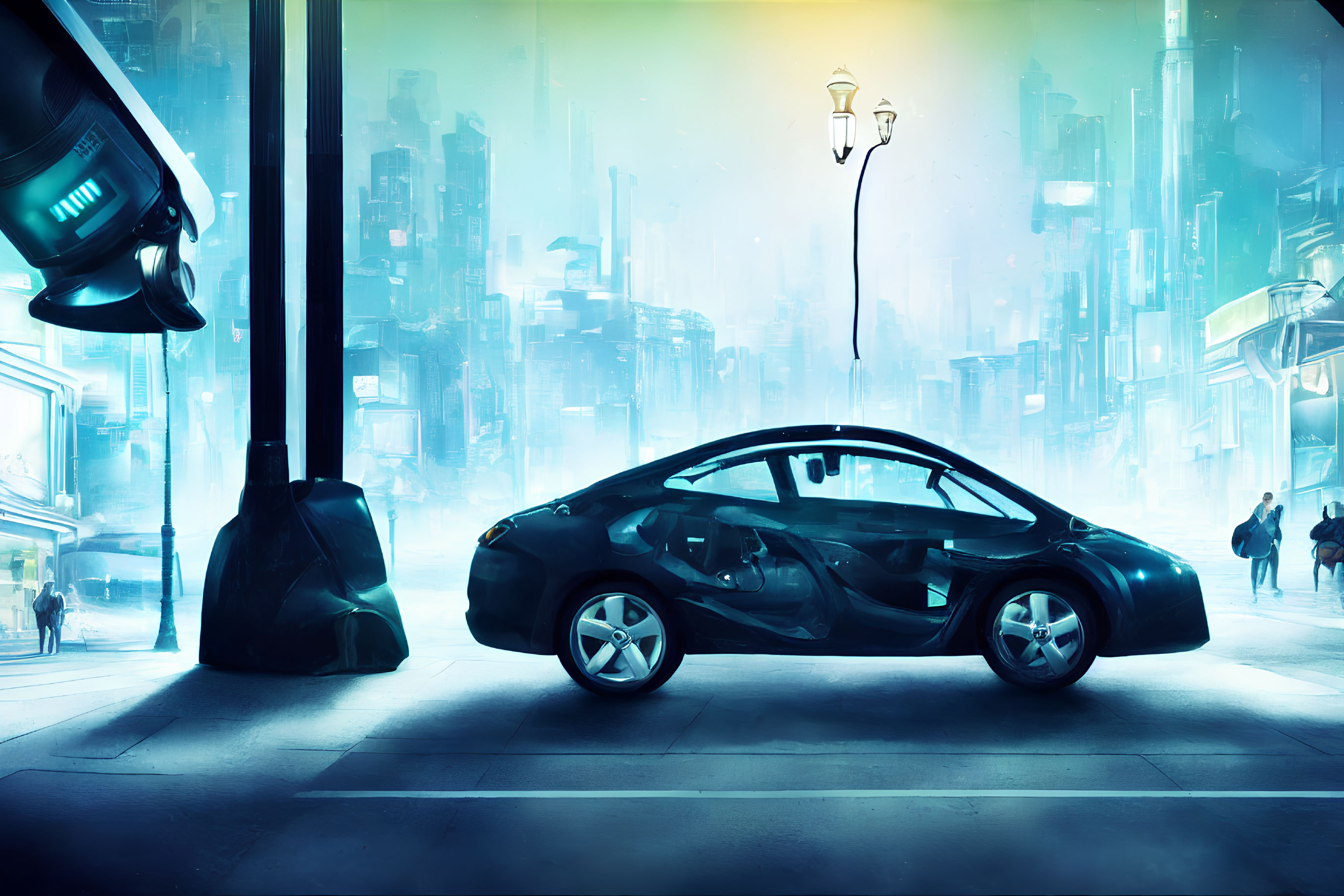 Futuristic cityscape with black car, turquoise glow, towering buildings, and robot