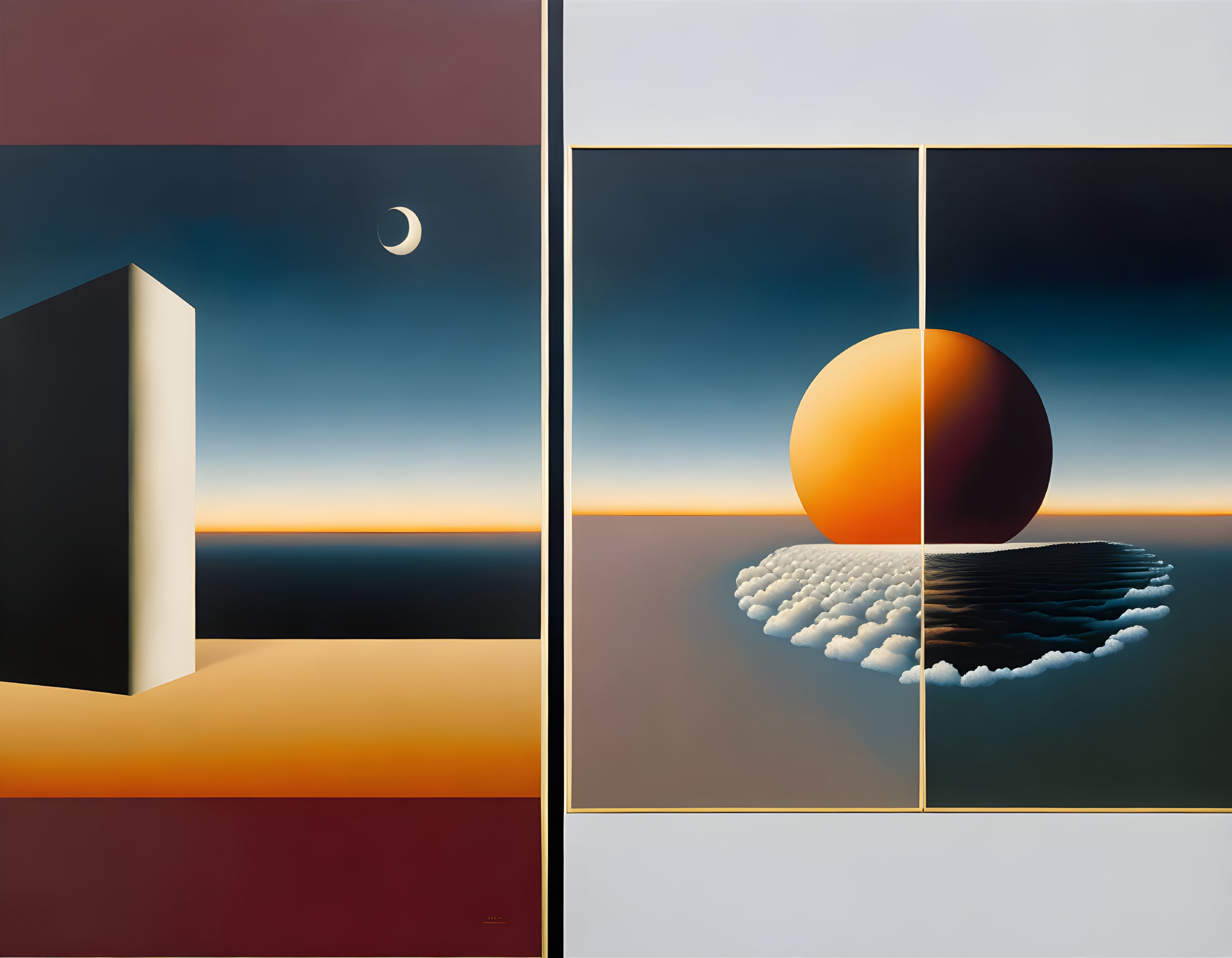 Geometric abstract art: Dark structure, setting sun, crescent moon.