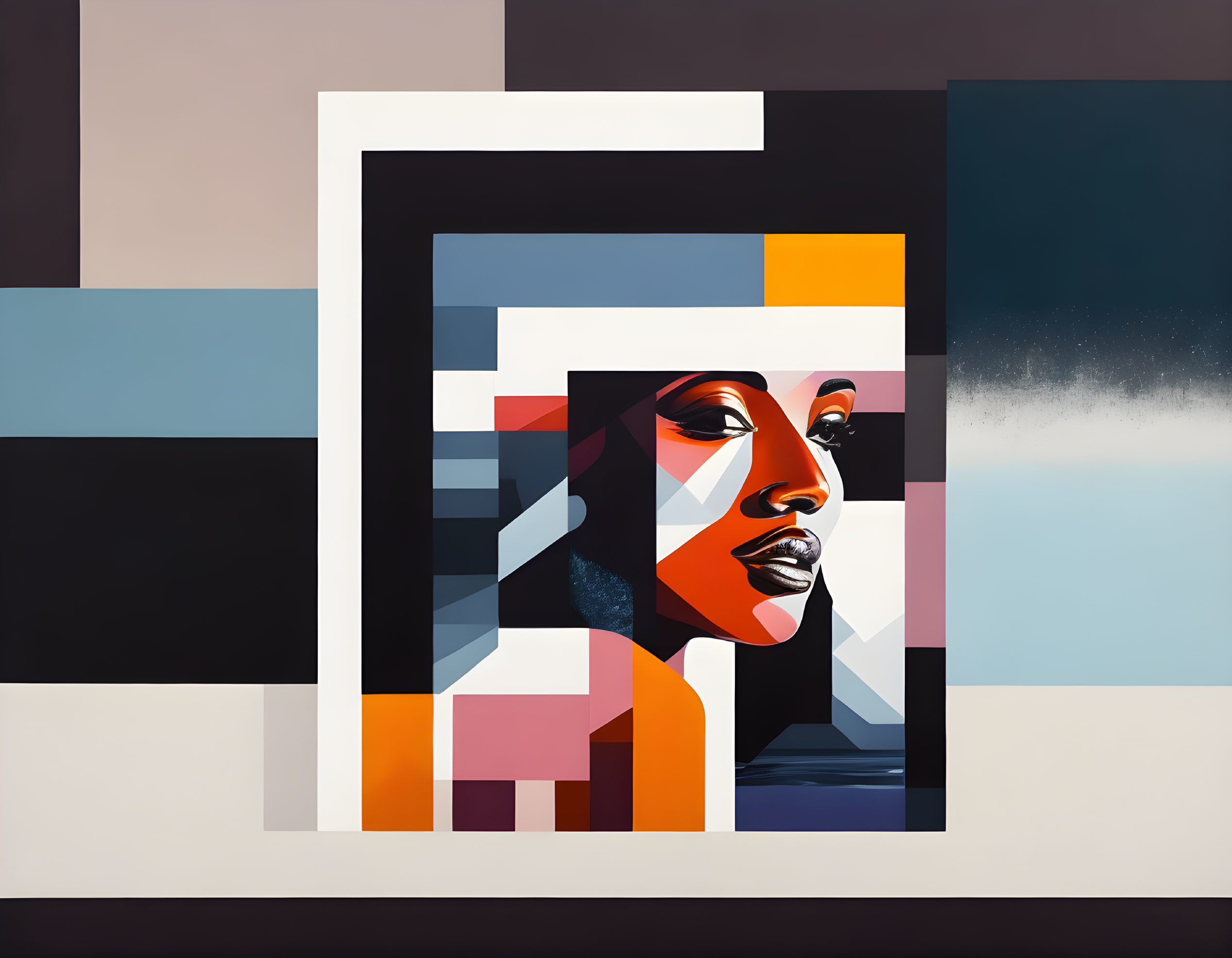 Abstract portrait of woman with geometric shapes in black, white, and earth tones on misty blue backdrop