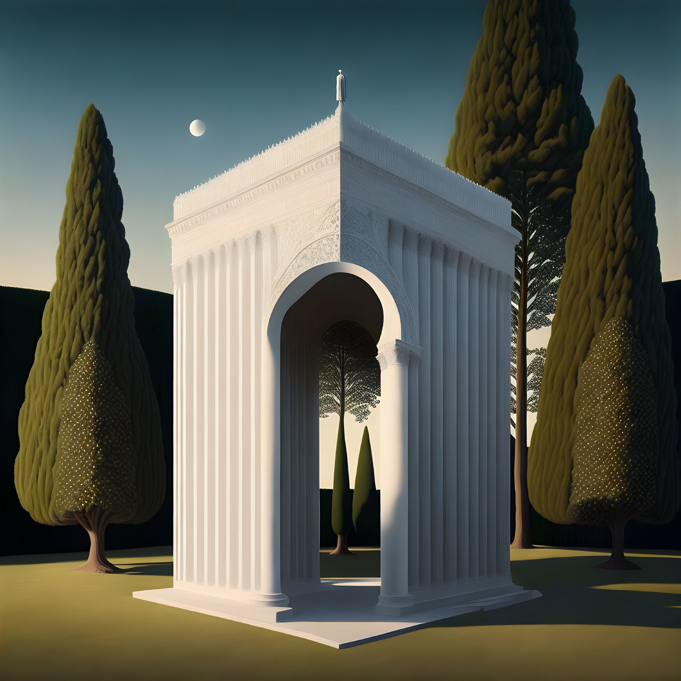 Detailed White Archway and Crescent Moon in Serene Evening Scene