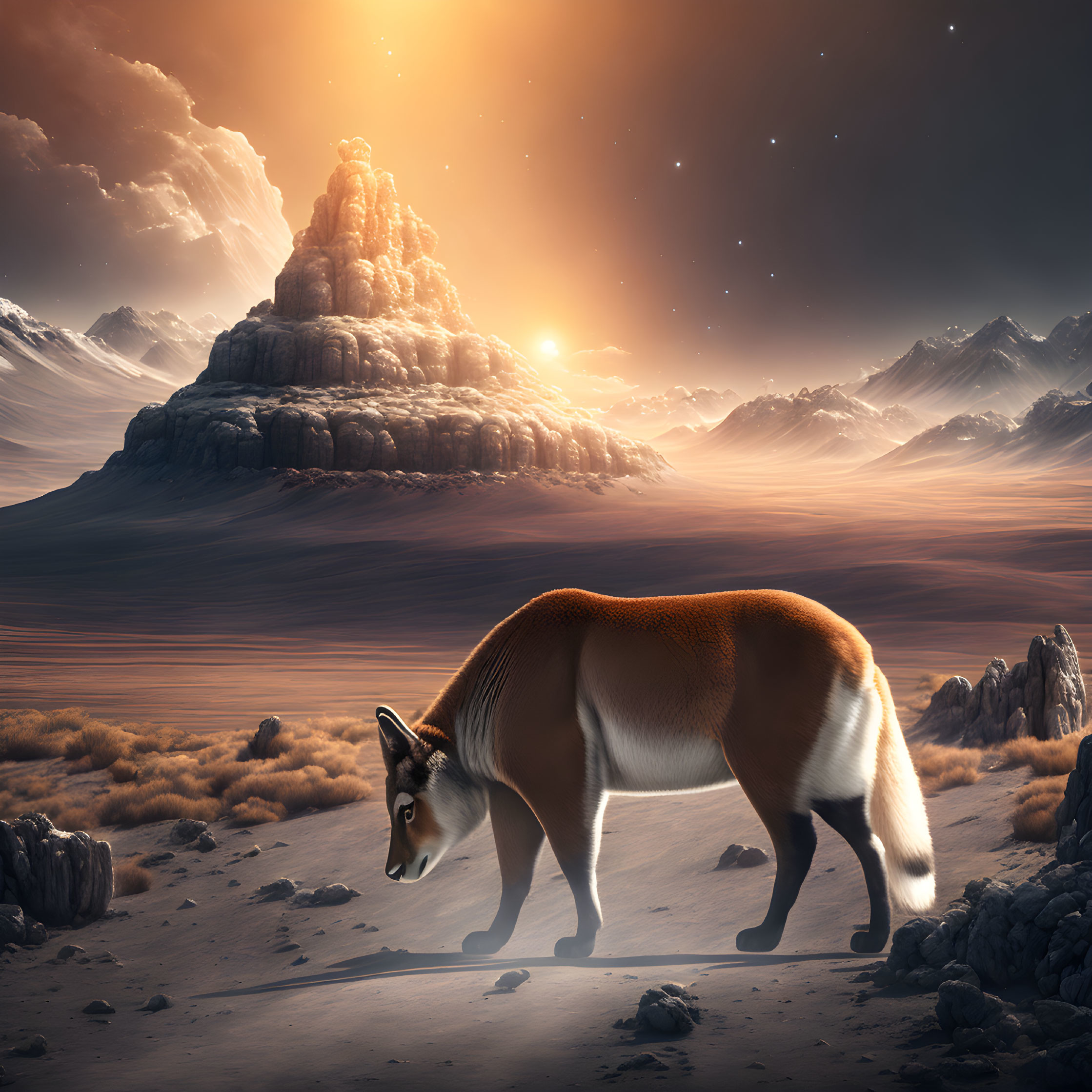 Majestic fox in surreal landscape with sunlit rock formations