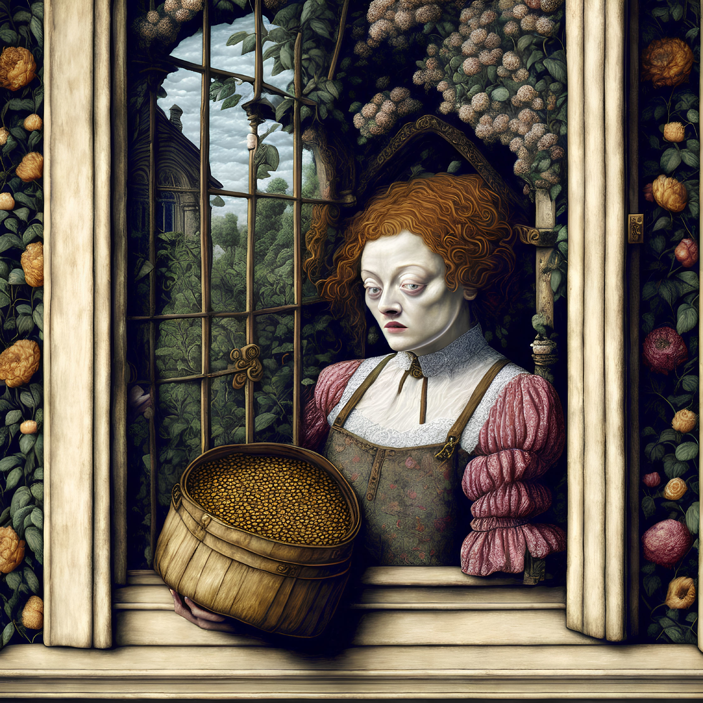 Red-haired woman holding golden orbs by lush window foliage.
