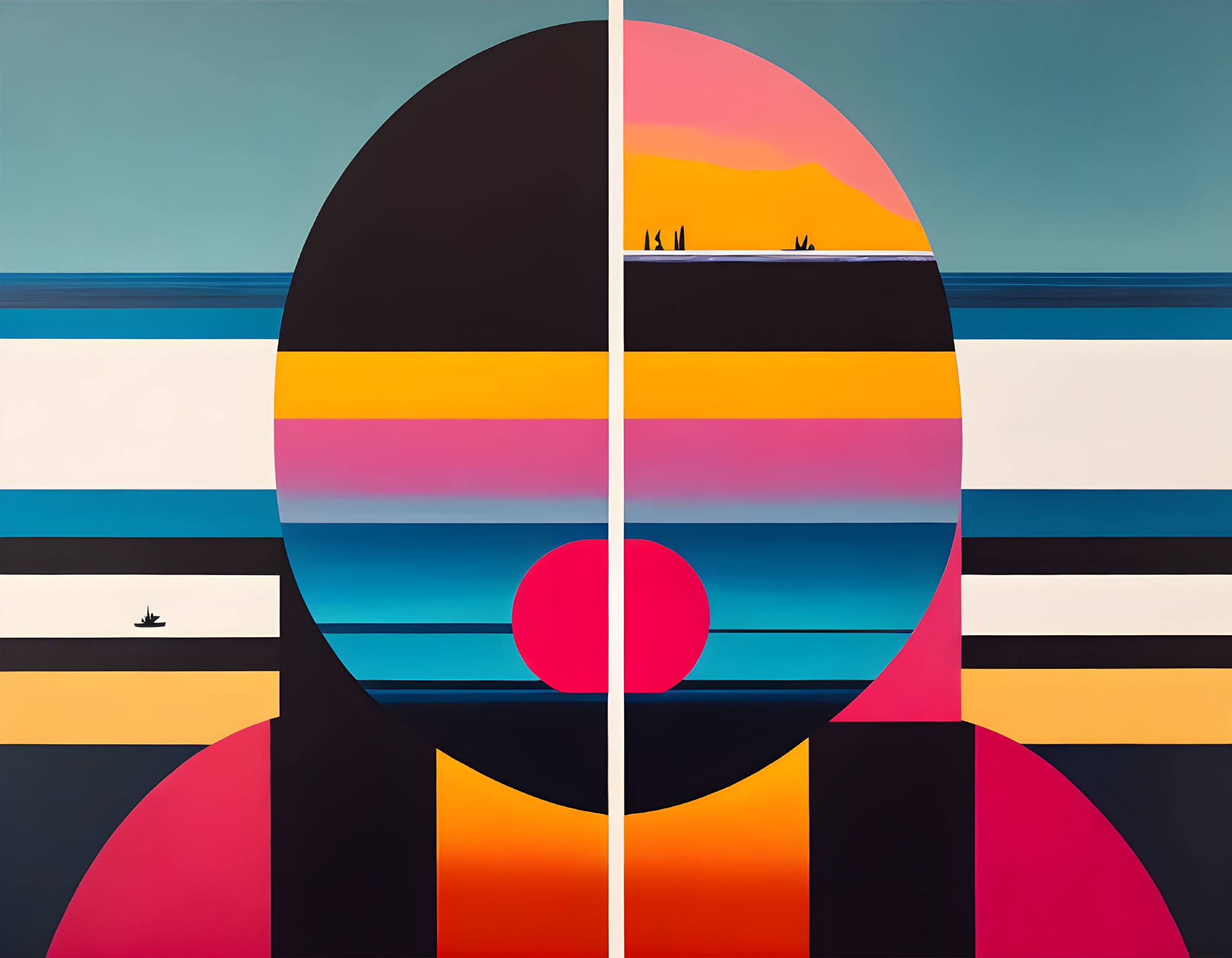 Geometric abstract art: face divided by vertical line, landscape elements, colorful stripes