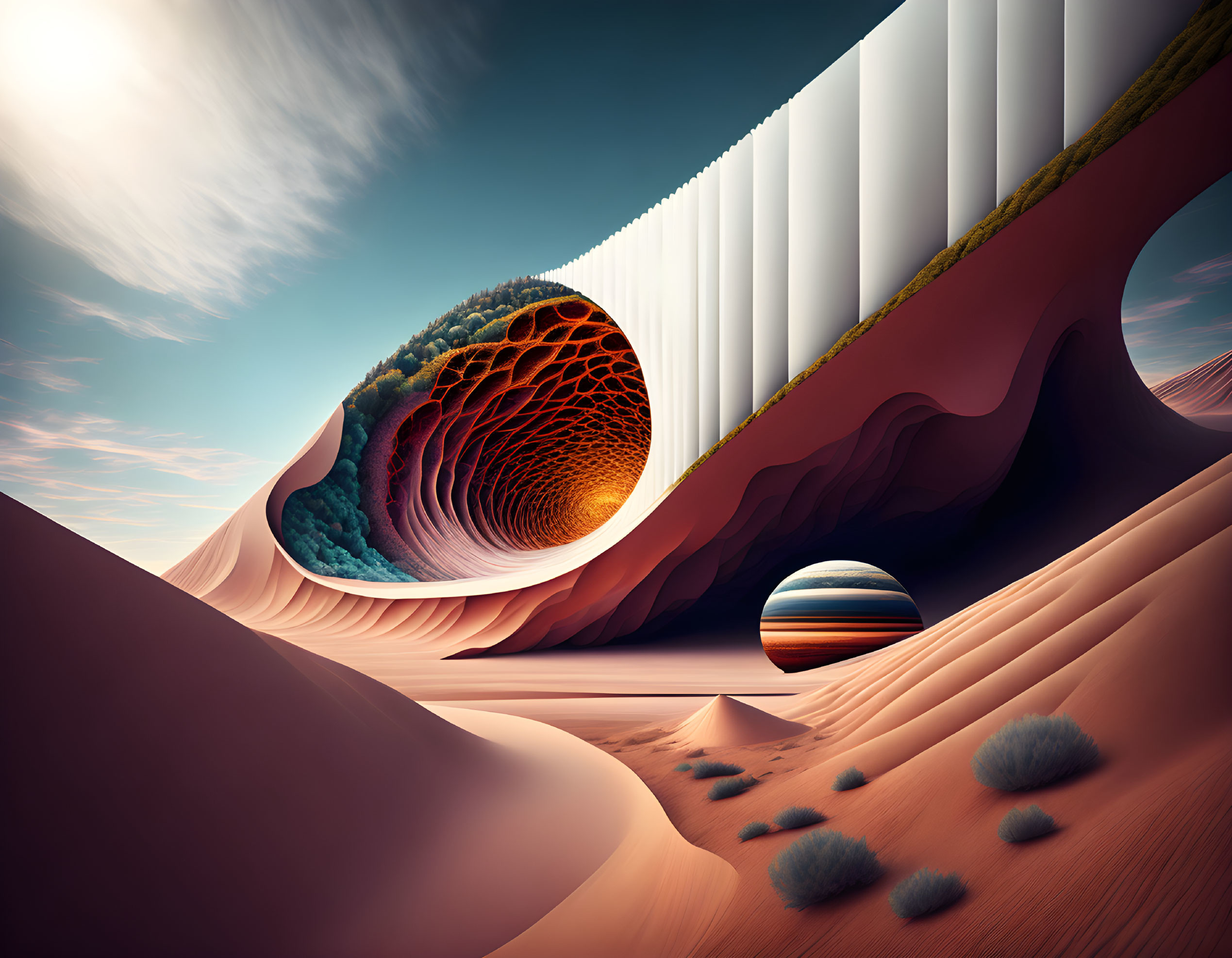 Surreal desert landscape with spherical structure and planet on horizon