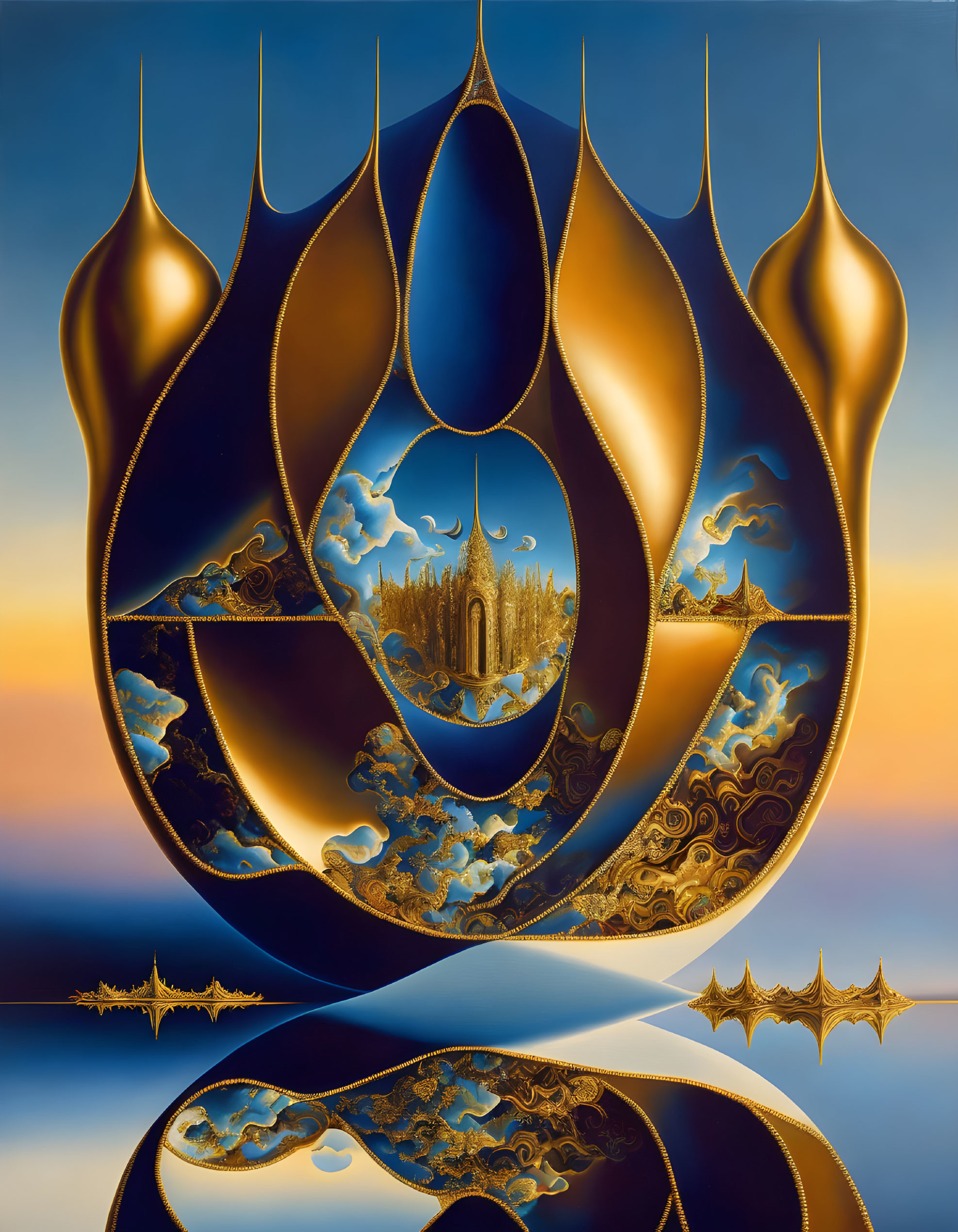 Surreal painting of golden teardrop structure with castle scenes on twilight sky.