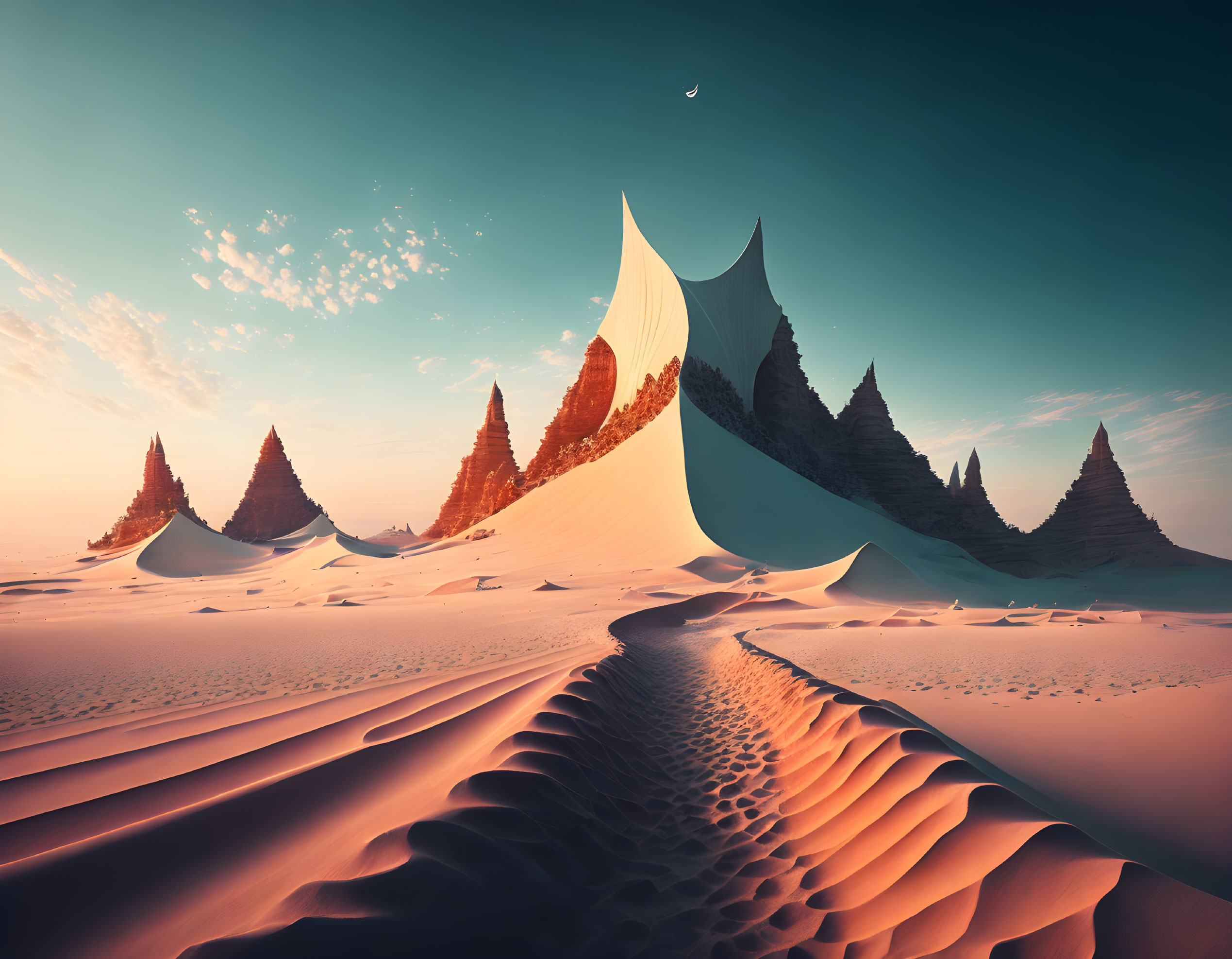 Surreal landscape with towering dunes and cone-shaped formations under a crescent moon-lit sky