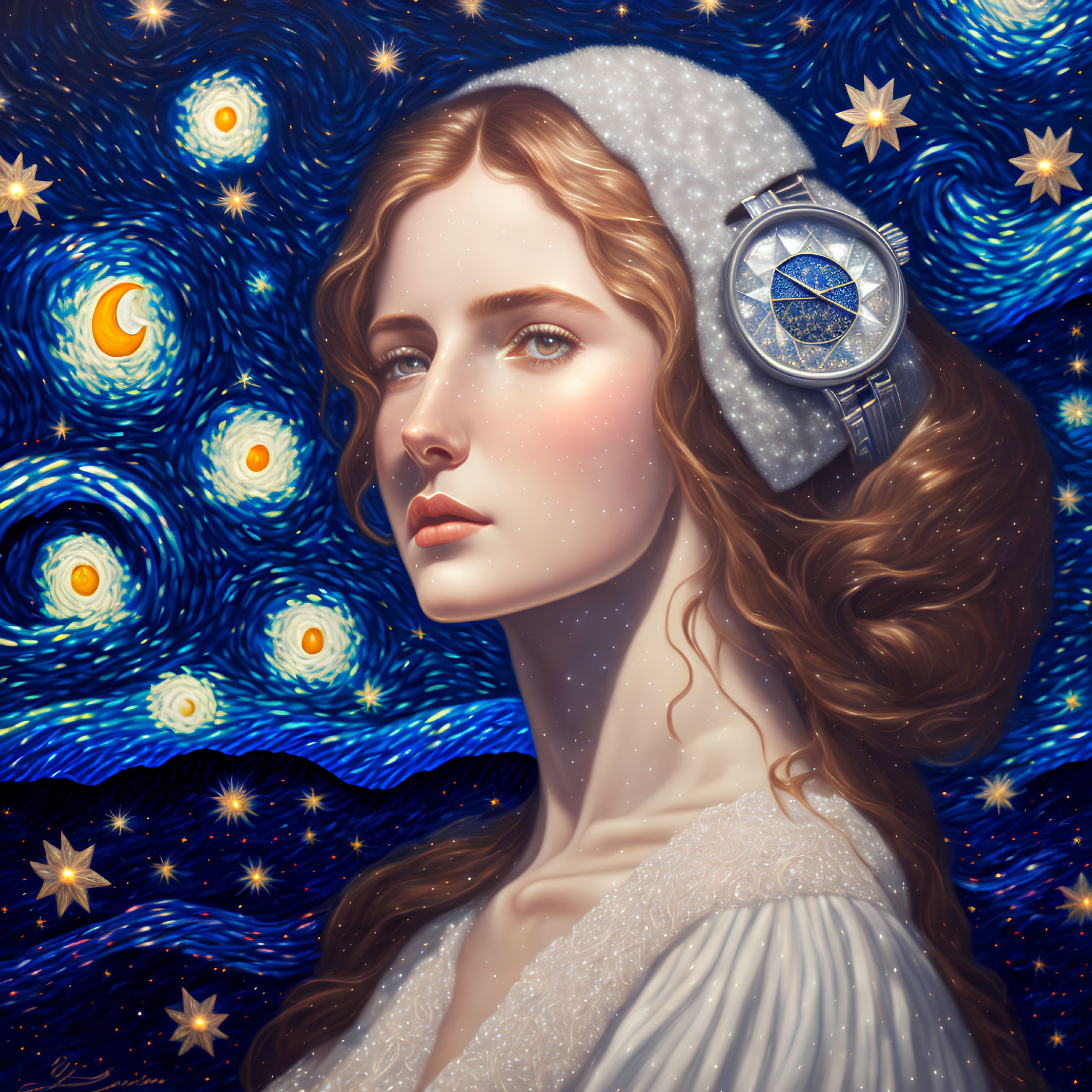 Stylized portrait of woman with starry headset in Van Gogh-inspired background