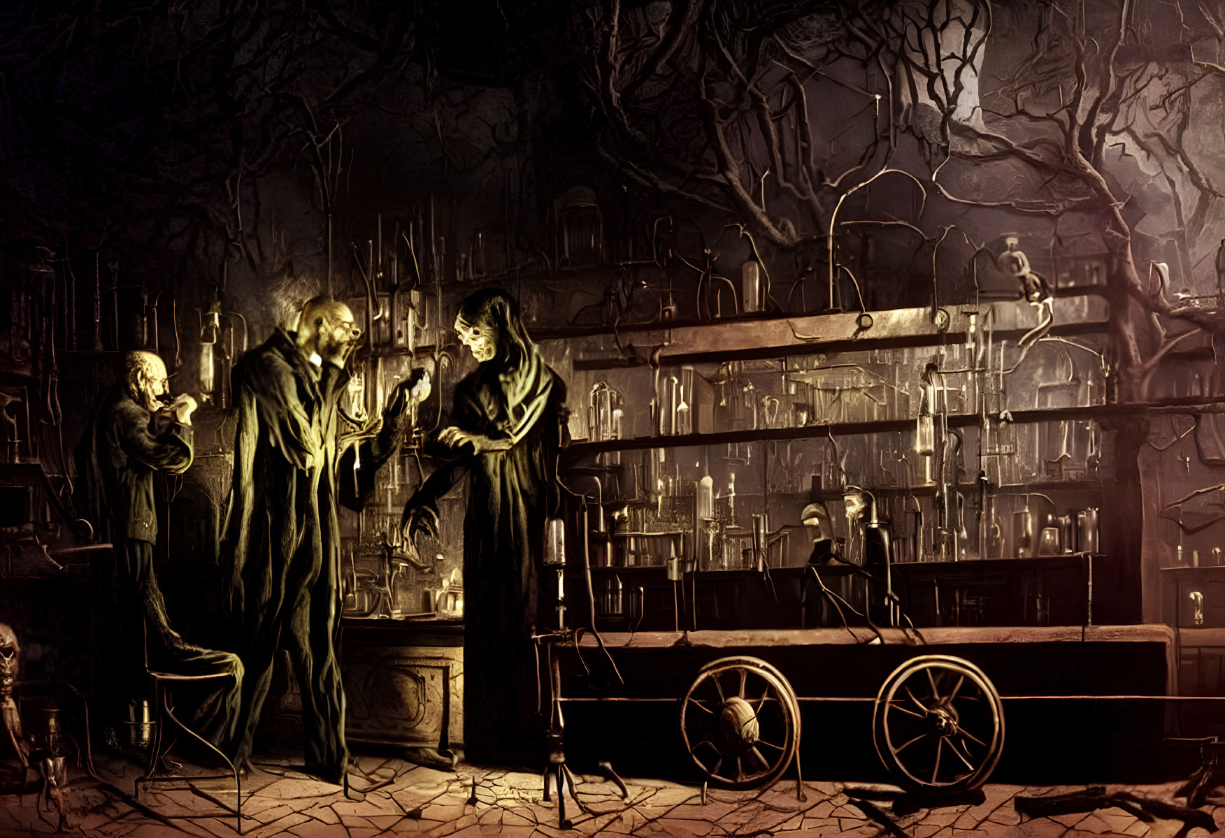 Three Figures in Robes Examining Flask in Alchemist's Lab
