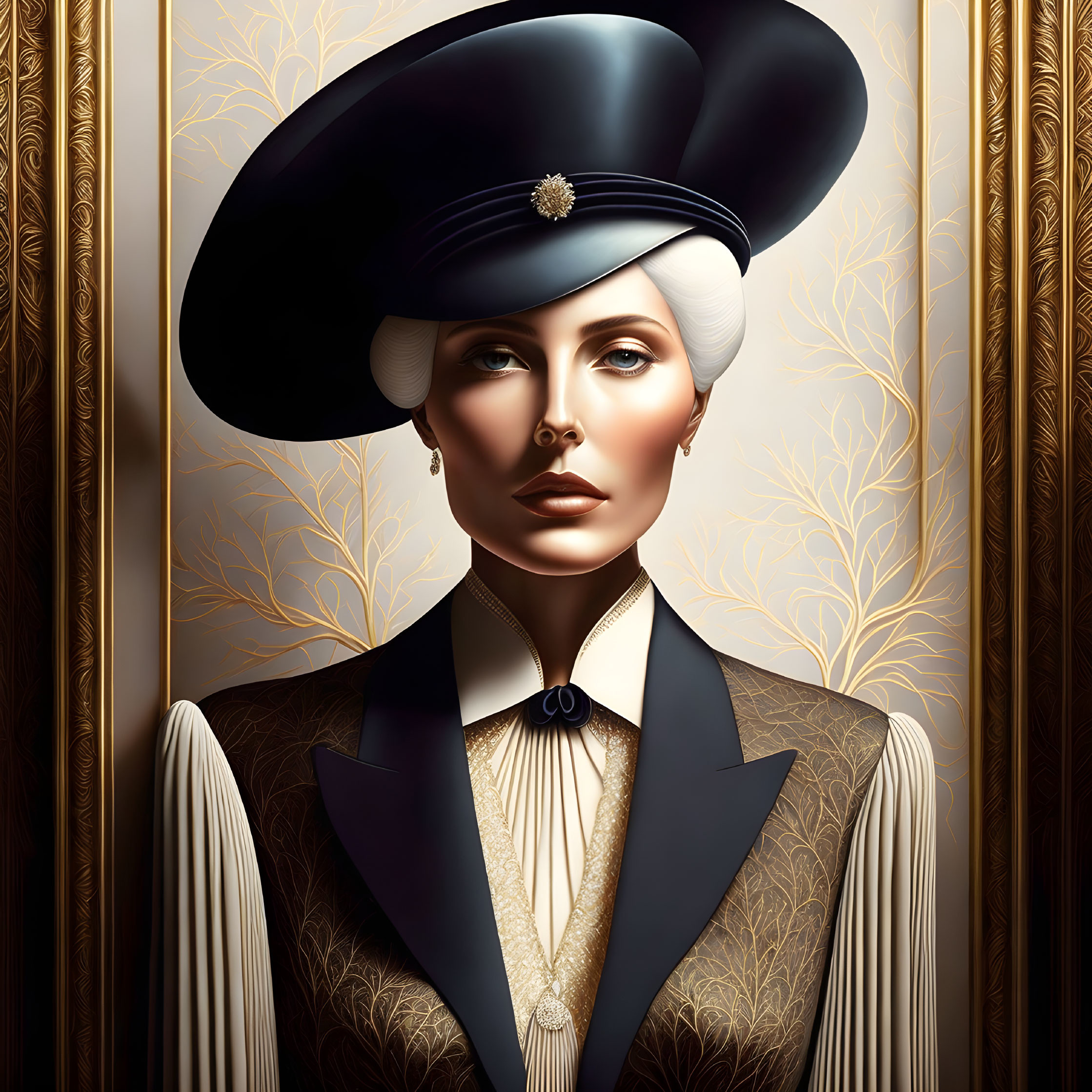 Illustrated portrait of woman in stylish hat and suit with ornate golden background