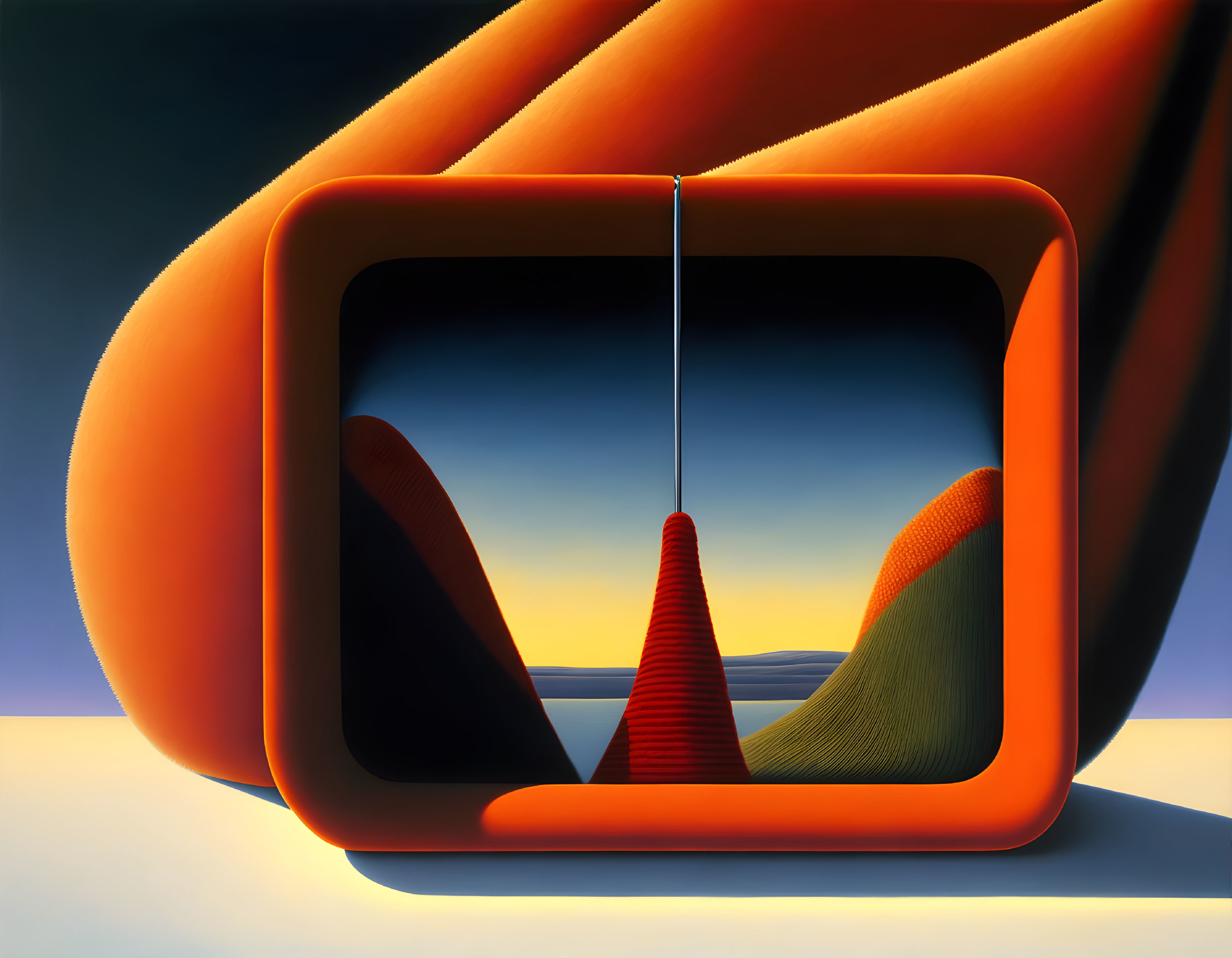 Surreal landscape with orange frame, red conical structure, and rolling hills under gradient sky