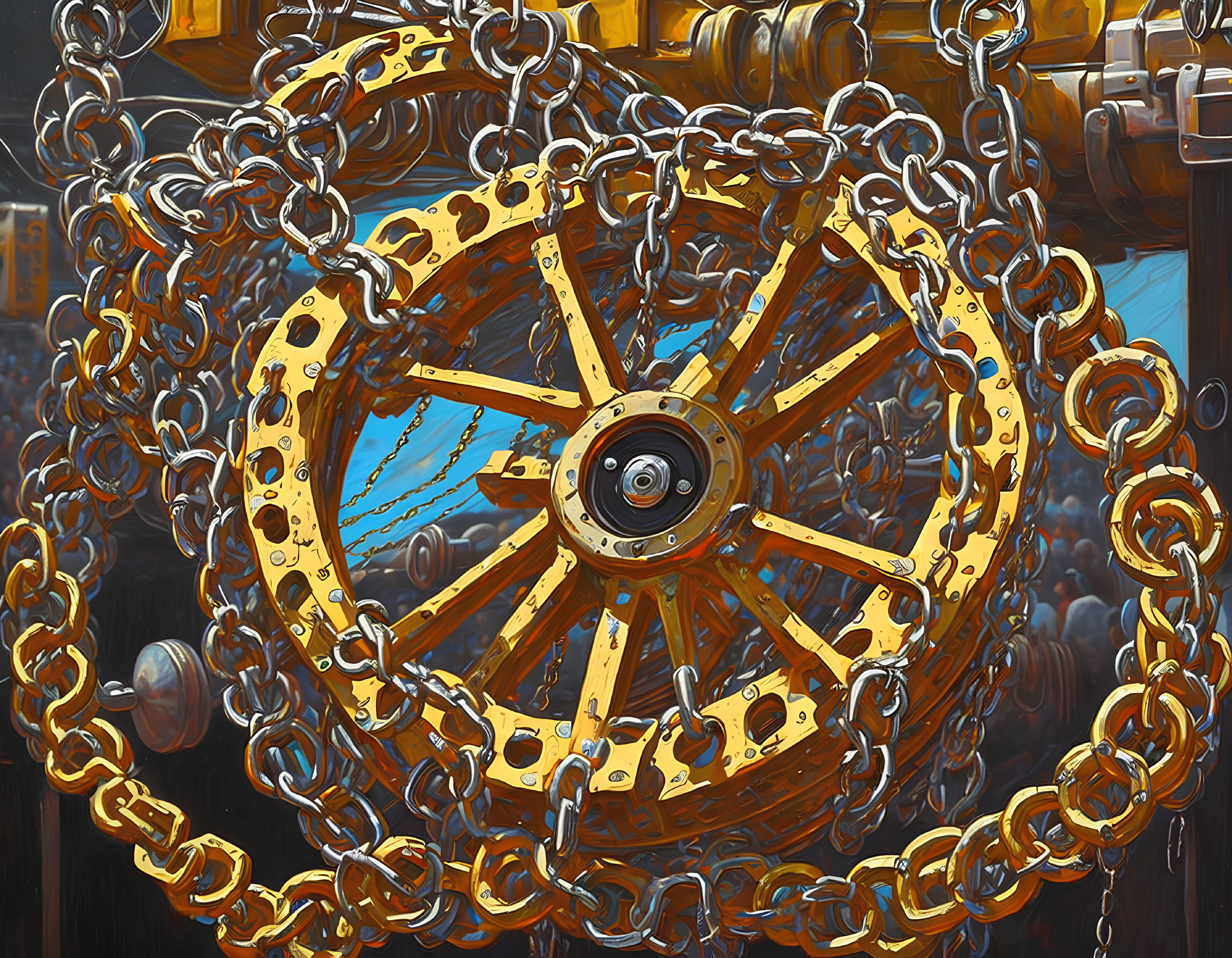 Golden 3D-Rendered Sprocket Wheel with Metallic Chains on Dark Background
