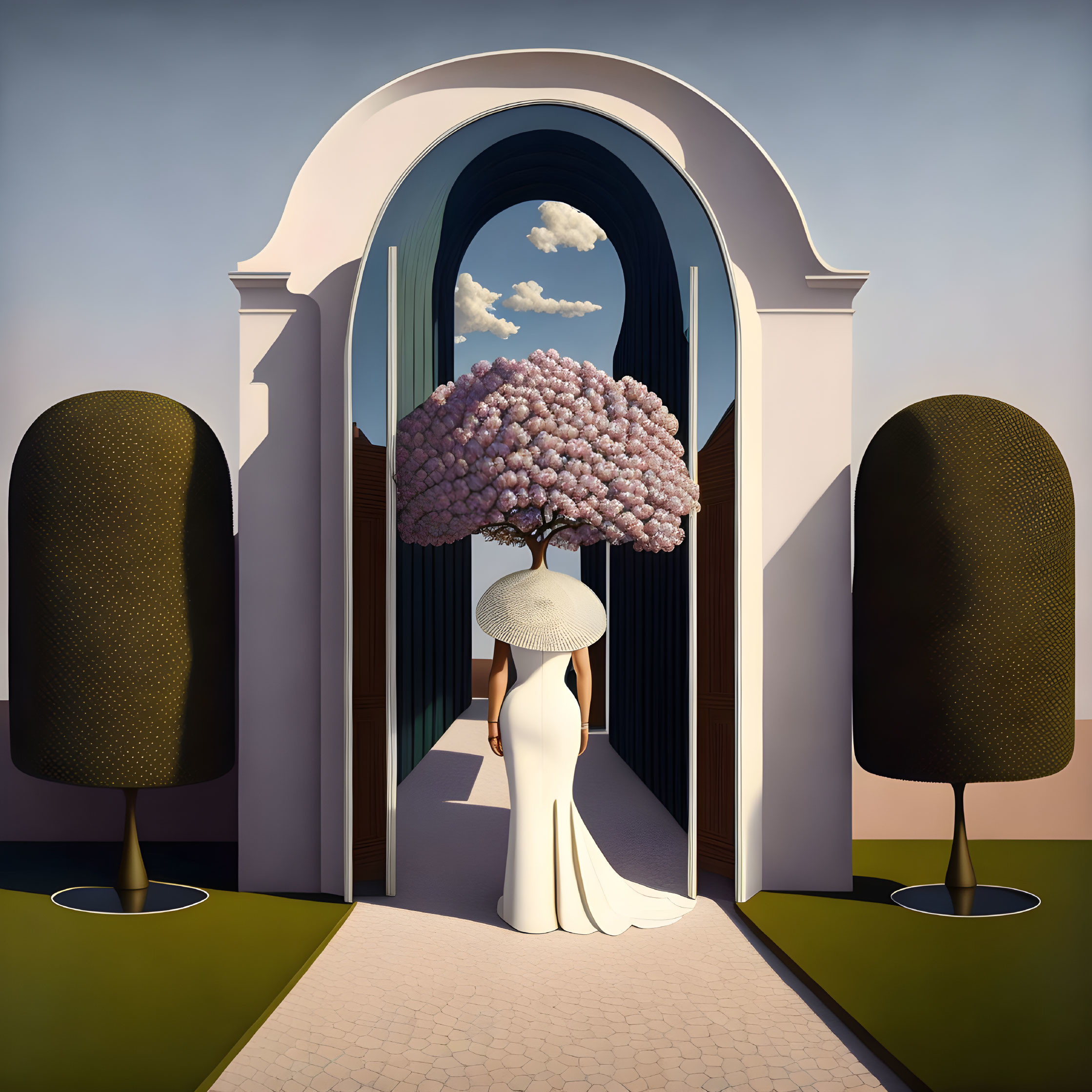 Woman in White Dress with Purple Flower Bouquet Standing by Arched Doorway