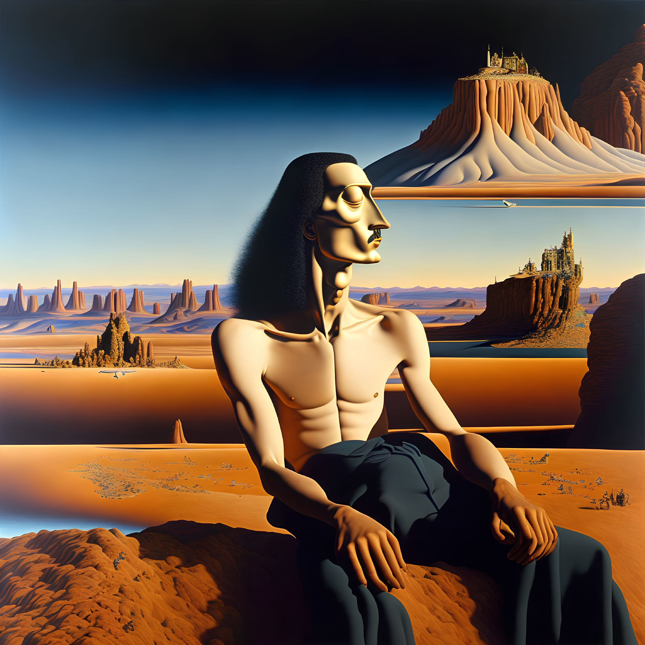 Surreal painting of muscular figure in desert landscape