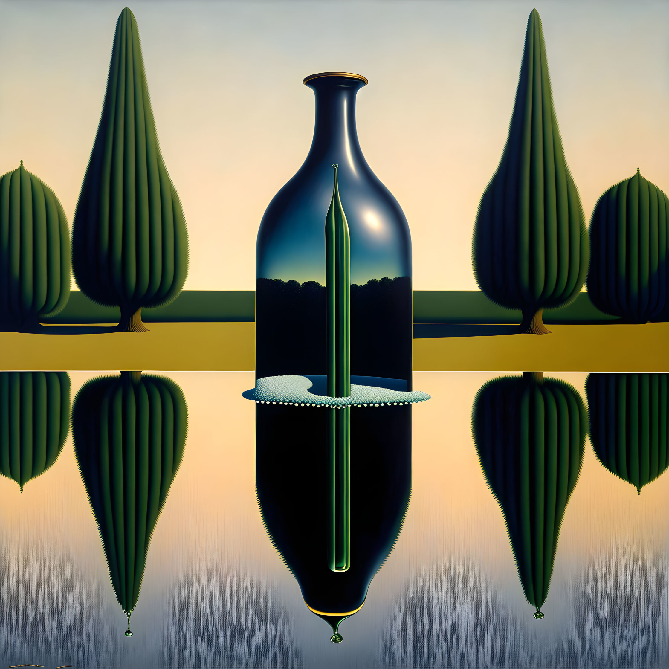 Symmetrical surreal painting of reflective vase and trees in twilight colors