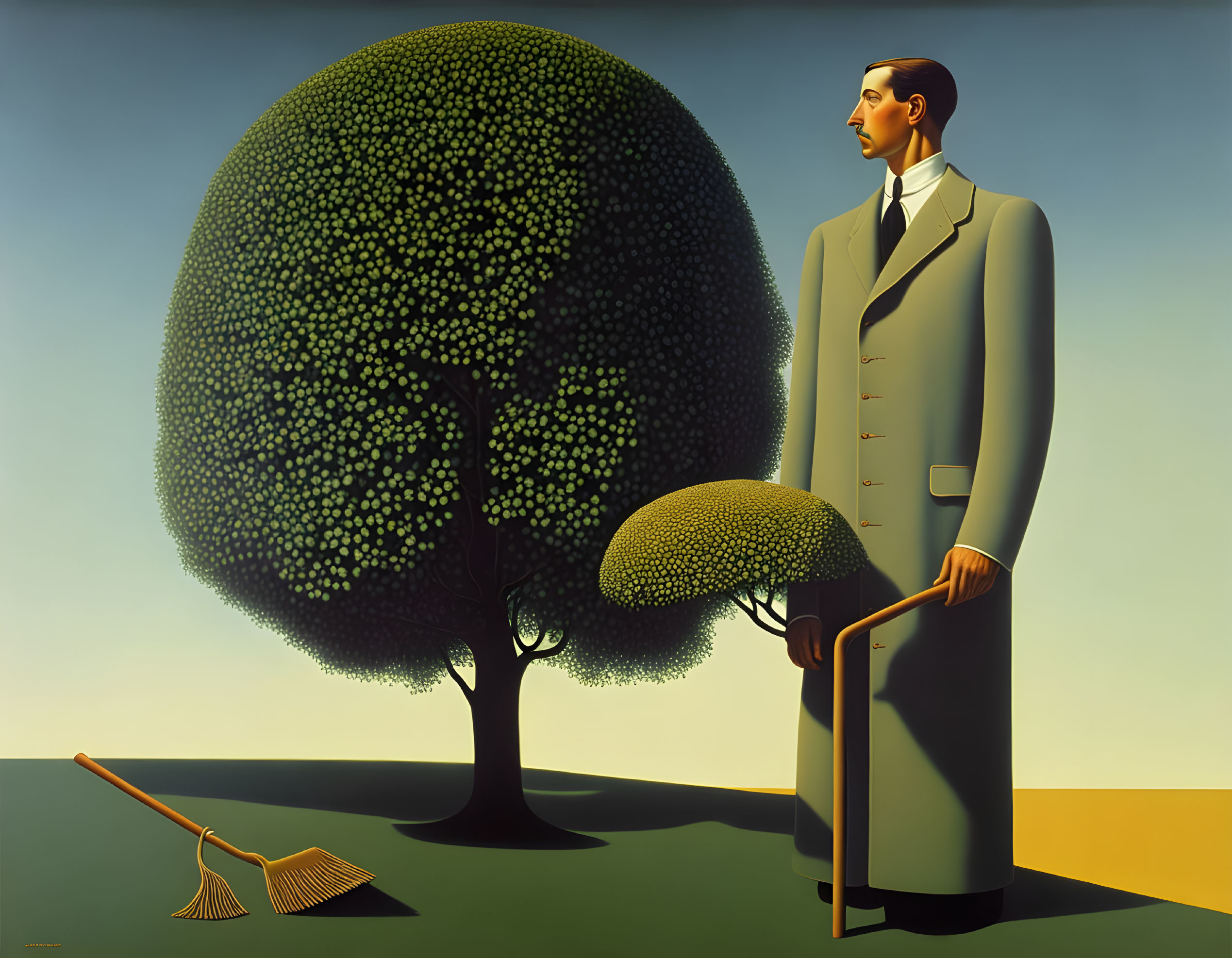 Surrealist painting: man in suit with tree mirroring his head and rake on ground