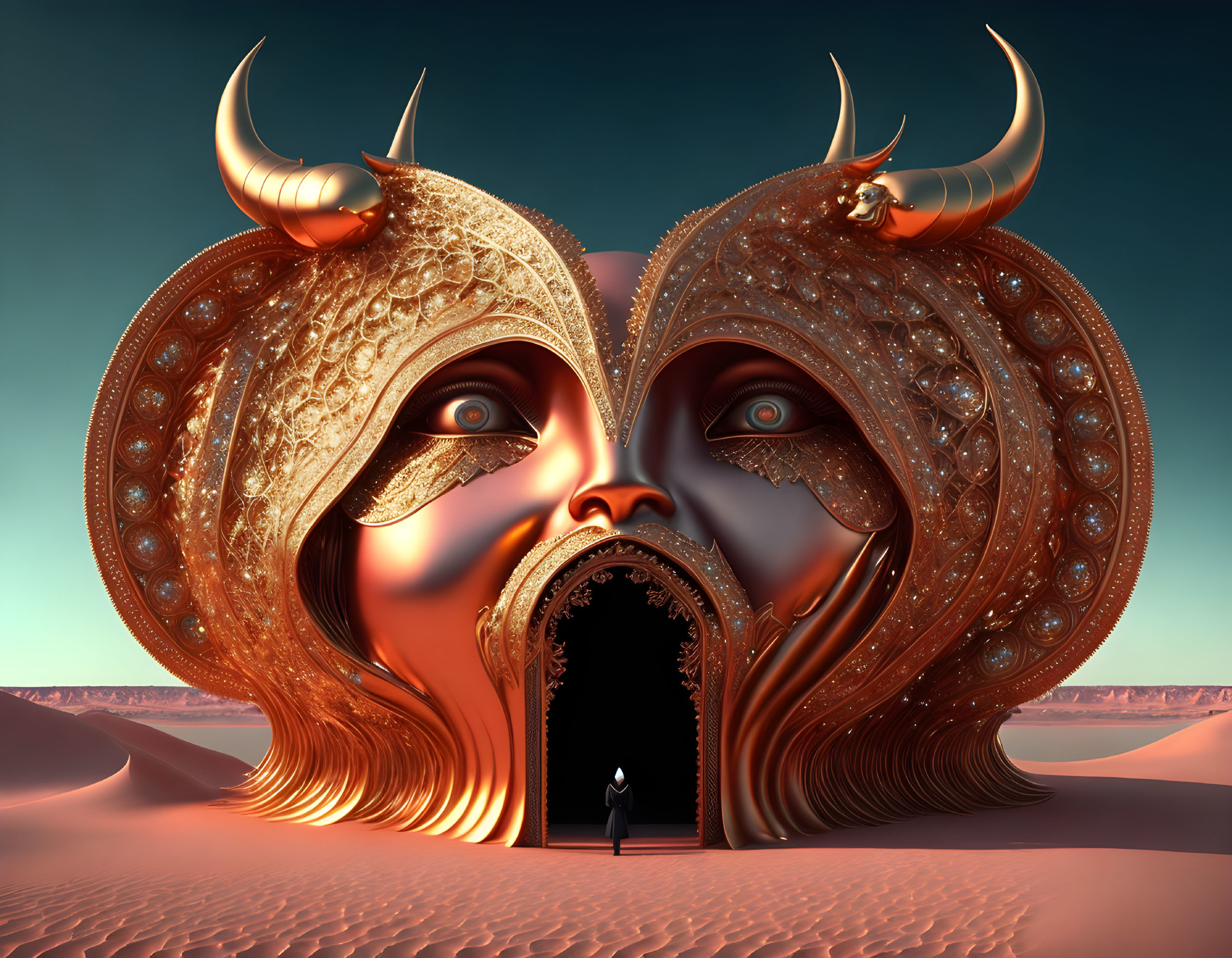 Gigantic ornate masks with horns in surreal illustration