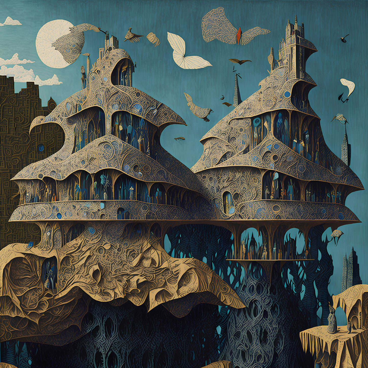 Detailed illustration of fantastical ship with flying books in moonlit sky