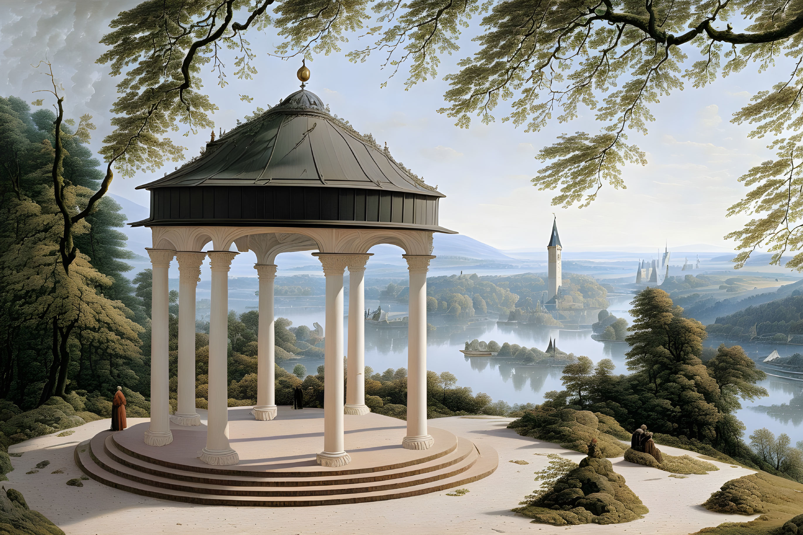 Scenic hilltop gazebo by tranquil lake and lush trees