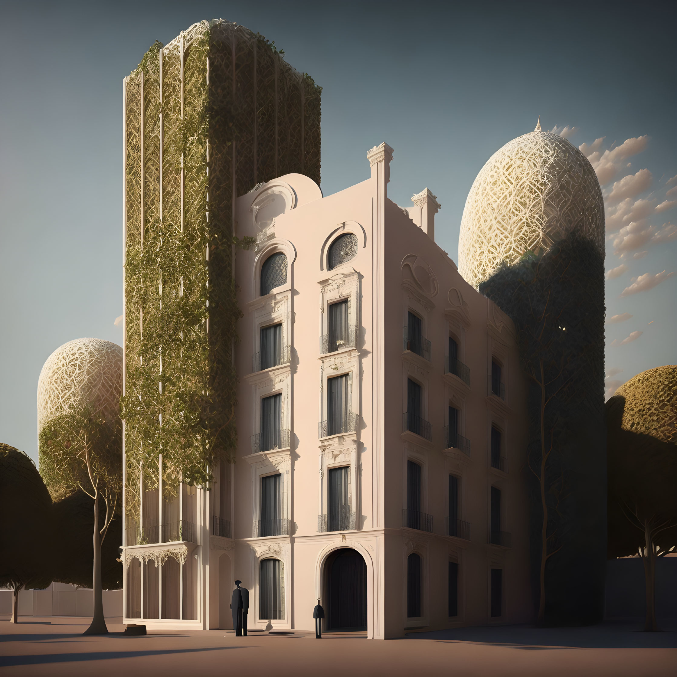 Surreal architectural rendering of classic building with modern sphere structures amidst trees and clear sky