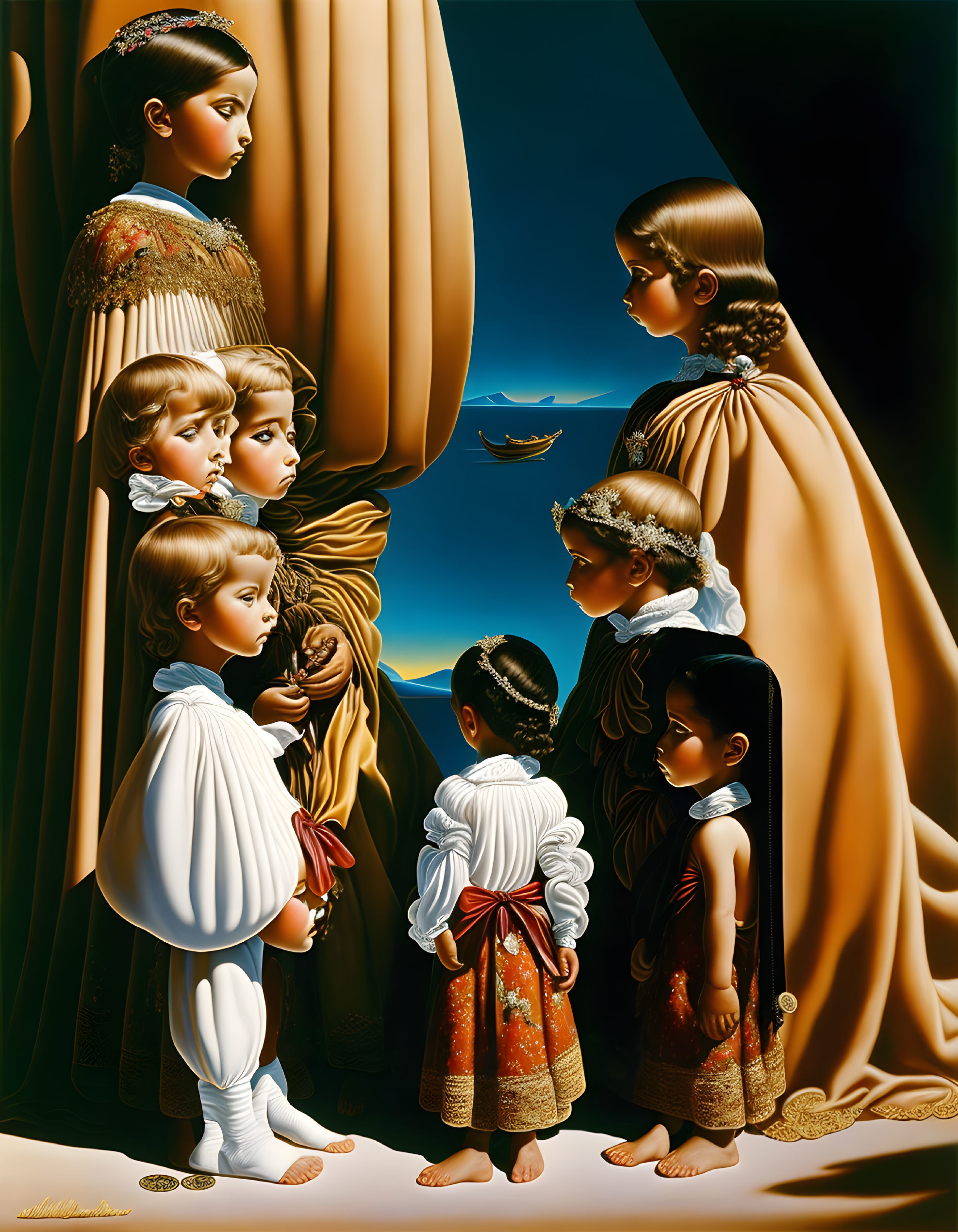 Surreal painting of seven children in vintage clothing with theatrical curtains and a flying bird