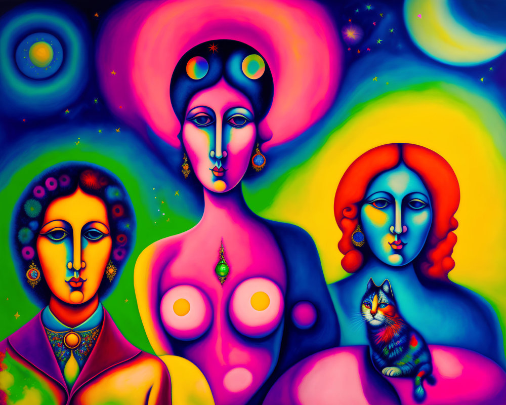 Colorful Psychedelic Painting of Three Female Figures with Cat
