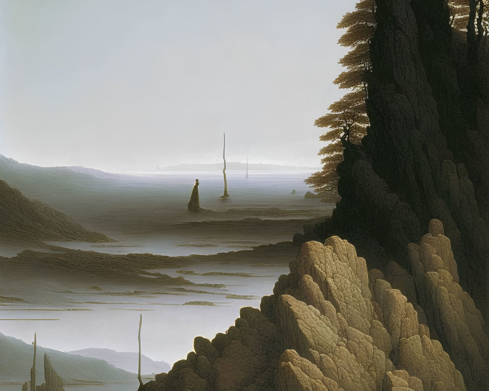 Tranquil seascape with cliffs, tall trees, and sailboats in misty distance