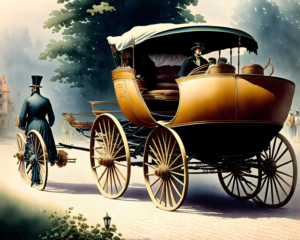 Vintage Illustration of Horse-Drawn Carriage on Tree-Lined Path